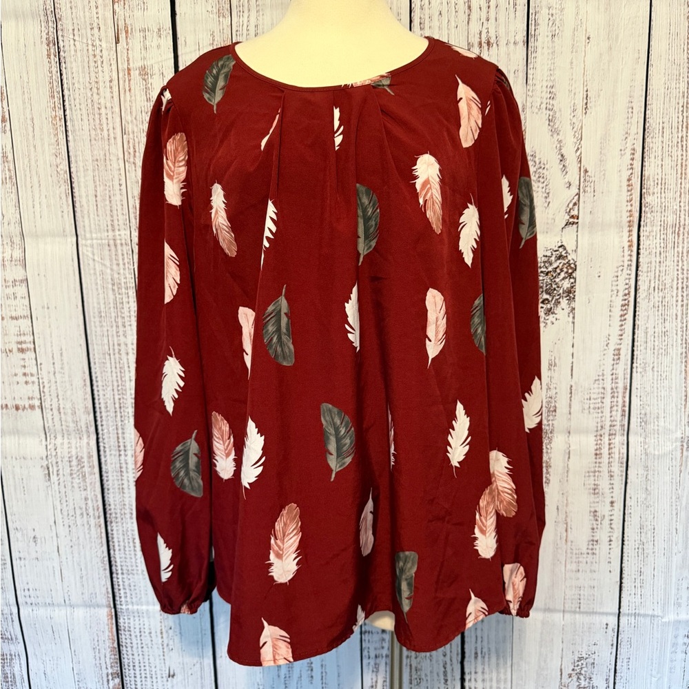 SHEIN Red‎ Feather Pattern Blouse